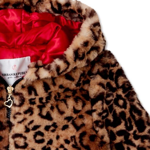 New Girls' Faux Fur Leopard Hooded Zip-Up Coat. - Picture 3 of 12